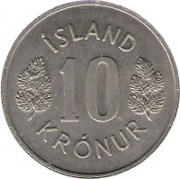 Iceland coin 10 Krónur (1967 - 1980) reverse reverse of 10 Krónur (1967 - 1980) coin with KM# 15 from Iceland. Inscription: ÍSLAND 10 KRÓNUR