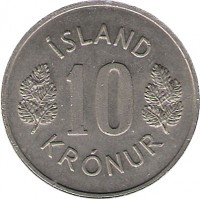 reverse of 10 Krónur (1967 - 1980) coin with KM# 15 from Iceland. Inscription: ÍSLAND 10 KRÓNUR