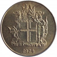 obverse of 1 Króna (1957 - 1975) coin with KM# 12a from Iceland. Inscription: 1974