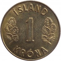 Iceland coin 1 Króna (1957 - 1975) reverse reverse of 1 Króna (1957 - 1975) coin with KM# 12a from Iceland. Inscription: ÍSLAND 1 KRÓNA