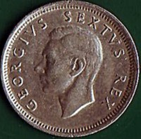 obverse of 6 Pence - George VI (1948 - 1950) coin with KM# 36.1 from South Africa. Inscription: GEORGIVS SEXTVS REX HP