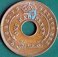 British West Africa coin 1/2 Penny - George VI (1952) obverse obverse of 1/2 Penny - George VI (1952) coin with KM# 27a from British West Africa. Inscription: GEORGIVS SEXTVS REX ONE HALFPENNY نُصْف پَنّي