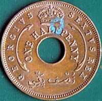 obverse of 1/2 Penny - George VI (1952) coin with KM# 27a from British West Africa. Inscription: GEORGIVS SEXTVS REX ONE HALFPENNY نُصْف پَنّي