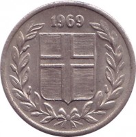 obverse of 10 Aurar (1946 - 1969) coin with KM# 10 from Iceland. Inscription: 1969