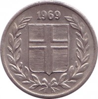 Iceland coin 10 Aurar (1946 - 1969) obverse obverse of 10 Aurar (1946 - 1969) coin with KM# 10 from Iceland. Inscription: 1969
