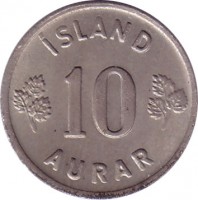 reverse of 10 Aurar (1946 - 1969) coin with KM# 10 from Iceland. Inscription: ÍSLAND 10 AURAR