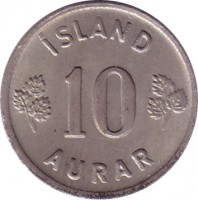 Iceland coin 10 Aurar (1946 - 1969) reverse reverse of 10 Aurar (1946 - 1969) coin with KM# 10 from Iceland. Inscription: ÍSLAND 10 AURAR