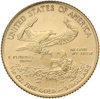 KM# 216 UNITED STATES OF AMERICAIN GODWE TRUSTE PLURIBUSUNUMMB JW1/10 OZ. FINE GOLD~5 DOLLARS.