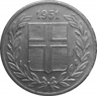 obverse of 25 Aurar (1946 - 1967) coin with KM# 11 from Iceland. Inscription: 1963