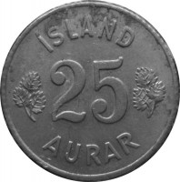 reverse of 25 Aurar (1946 - 1967) coin with KM# 11 from Iceland. Inscription: ÍSLAND 25 AURAR