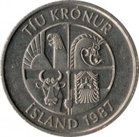 obverse of 10 Krónur (1984 - 1994) coin with KM# 29 from Iceland. Inscription: TÍU KRÓNUR ÍSLAND 1987