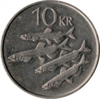 Iceland coin 10 Krónur (1984 - 1994) reverse reverse of 10 Krónur (1984 - 1994) coin with KM# 29 from Iceland. Inscription: 10 KR