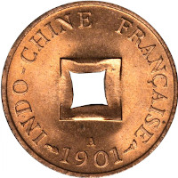obverse of 2 Sapèque (1887 - 1902) coin with KM# 6 from French Indochina. Inscription: INDO-CHINE FRANÇAISE A 1901