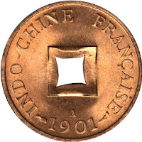 French Indochina coin 2 Sapèque (1887 - 1902) obverse obverse of 2 Sapèque (1887 - 1902) coin with KM# 6 from French Indochina. Inscription: INDO-CHINE FRANÇAISE A 1901