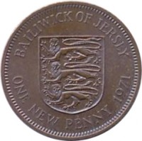 reverse of 1 New Penny - Elizabeth II - 2'nd Portrait (1971 - 1980) coin with KM# 30 from Jersey. Inscription: BAILIWICK OF JERSEY ONE NEW PENNY 1971