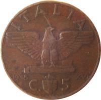 reverse of 5 Centesimi - Vittorio Emanuele III (1936 - 1939) coin with KM# 73 from Italy. Inscription: ITALIA 1936 R XIV C. 5 G. ROMAGNOLI