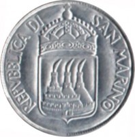 obverse of 1 Lira (1973) coin with KM# 22 from San Marino. Inscription: REPVBBLICA DI SAN MARINO