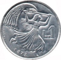 reverse of 1 Lira (1973) coin with KM# 22 from San Marino. Inscription: L.1 1973