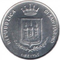obverse of 1 Lira - Threat of Nuclear War (1983) coin with KM# 145 from San Marino. Inscription: REPUBBLICA DI SAN MARINO LIBERTAS