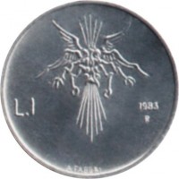 reverse of 1 Lira - Threat of Nuclear War (1983) coin with KM# 145 from San Marino. Inscription: L.1 1983 R A·FABBRI