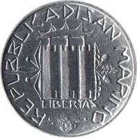 obverse of 1 Lira - Struggle against Drug Abuse (1985) coin with KM# 173 from San Marino. Inscription: REPUBBLICA DI SAN MARINO LIBERTAS