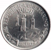 obverse of 2 Lire - Social Achievements: Science (1982) coin with KM# 132 from San Marino. Inscription: REPUBBLICA DI S.MARINO LIBERTAS