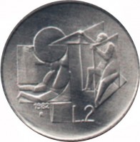 reverse of 2 Lire - Social Achievements: Science (1982) coin with KM# 132 from San Marino. Inscription: 1982 L.2