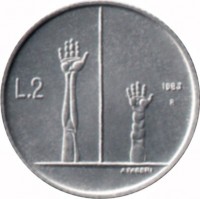 San Marino coin 2 Lire - Threat of Nuclear War (1983) reverse reverse of 2 Lire - Threat of Nuclear War (1983) coin with KM# 146 from San Marino. Inscription: L.2 1983 R A FABBRI