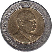 obverse of 5 Shillings (1995 - 1997) coin with KM# 30 from Kenya. Inscription: PRESIDENT DANIEL TOROITICH ARAP MOI