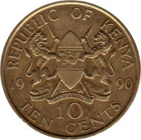 reverse of 10 Cents (1978 - 1991) coin with KM# 18 from Kenya. Inscription: REPUBLIC OF KENYA 19 90 10 TEN CENTS