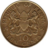 Kenya coin 10 Cents (1978 - 1991) reverse reverse of 10 Cents (1978 - 1991) coin with KM# 18 from Kenya. Inscription: REPUBLIC OF KENYA 19 90 10 TEN CENTS