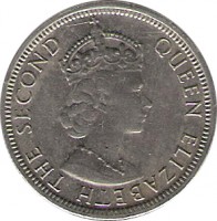 obverse of 1/4 Rupee - Elizabeth II - 1'st Portrait (1960 - 1978) coin with KM# 36 from Mauritius. Inscription: QUEEN ELIZABETH THE SECOND