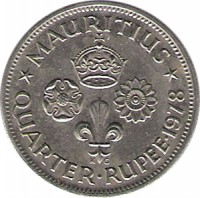 Mauritius coin 1/4 Rupee - Elizabeth II - 1'st Portrait (1960 - 1978) reverse reverse of 1/4 Rupee - Elizabeth II - 1'st Portrait (1960 - 1978) coin with KM# 36 from Mauritius. Inscription: * MAURITIUS * QUARTER · RUPEE · 1978