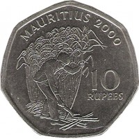 Mauritius coin 10 Rupees (1997 - 2000) reverse reverse of 10 Rupees (1997 - 2000) coin with KM# 61 from Mauritius. Inscription: MAURITIUS 1997 10 RUPEES