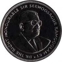 Mauritius coin 1/2 Rupee (1987 - 2013) obverse obverse of 1/2 Rupee (1987 - 2013) coin with KM# 54 from Mauritius. Inscription: DR THE RIGHT HONOURABLE SIR SEEWOOSAGUR RAMGOOLAM KT