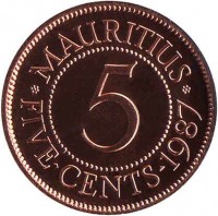reverse of 5 Cents (1987 - 2012) coin with KM# 52 from Mauritius. Inscription: MAURITIUS 5 FIVE-CENTS-1987