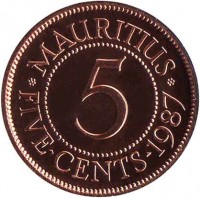 Mauritius coin 5 Cents (1987 - 2012) reverse reverse of 5 Cents (1987 - 2012) coin with KM# 52 from Mauritius. Inscription: MAURITIUS 5 FIVE-CENTS-1987