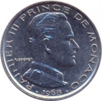 Monaco coin 1 Franc - Rainier III (1960 - 1995) obverse obverse of 1 Franc - Rainier III (1960 - 1995) coin with KM# 140 from Monaco. Inscription: RAINIER III PRINCE DE MONACO R.COCHET · 1978 ·
