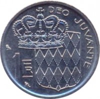 reverse of 1 Franc - Rainier III (1960 - 1995) coin with KM# 140 from Monaco. Inscription: DEO JUVANTE 1 FR
