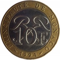 Monaco coin 10 Francs - Rainier III (1989 - 2000) reverse reverse of 10 Francs - Rainier III (1989 - 2000) coin with KM# 163 from Monaco. Inscription: PRINCIPAUTÉ DE MONACO 10F 1994