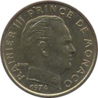 Monaco coin 10 Centimes - Rainier III (1962 - 1995) obverse obverse of 10 Centimes - Rainier III (1962 - 1995) coin with KM# 142 from Monaco. Inscription: RAINIER III PRINCE DE MONACO SIMON 1977