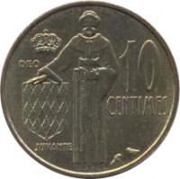 Monaco coin 10 Centimes - Rainier III (1962 - 1995) reverse reverse of 10 Centimes - Rainier III (1962 - 1995) coin with KM# 142 from Monaco. Inscription: DEO 10 CENTIMES JUVANTE
