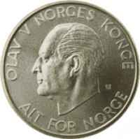 Norway coin 5 Kroner - Olav V (1963 - 1973) obverse obverse of 5 Kroner - Olav V (1963 - 1973) coin with KM# 412 from Norway. Inscription: OLAV V NORGES KONGE ALT FOR NORGE