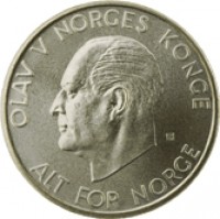 obverse of 5 Kroner - Olav V (1963 - 1973) coin with KM# 412 from Norway. Inscription: OLAV V NORGES KONGE ALT FOR NORGE