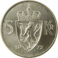 Norway coin 5 Kroner - Olav V (1963 - 1973) reverse reverse of 5 Kroner - Olav V (1963 - 1973) coin with KM# 412 from Norway. Inscription: 5 KR 19 72