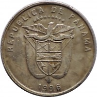 obverse of 1/10 Balboa (1996 - 2008) coin with KM# 127 from Panama. Inscription: REPUBLICA DE PANAMA PRO MUNDI BENEFICIO 1996