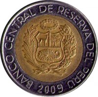 obverse of 2 Nuevo Soles - 1'st Type (1994 - 2009) coin with KM# 313 from Peru. Inscription: BANCO CENTRAL DE RESERVA DEL PERÚ 1995
