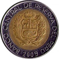 Peru coin 2 Nuevo Soles - 1'st Type (1994 - 2009) obverse obverse of 2 Nuevo Soles - 1'st Type (1994 - 2009) coin with KM# 313 from Peru. Inscription: BANCO CENTRAL DE RESERVA DEL PERÚ 1995