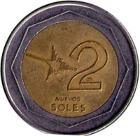reverse of 2 Nuevo Soles - 1'st Type (1994 - 2009) coin with KM# 313 from Peru. Inscription: 2 NUEVOS SOLES