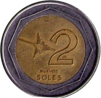 Peru coin 2 Nuevo Soles - 1'st Type (1994 - 2009) reverse reverse of 2 Nuevo Soles - 1'st Type (1994 - 2009) coin with KM# 313 from Peru. Inscription: 2 NUEVOS SOLES